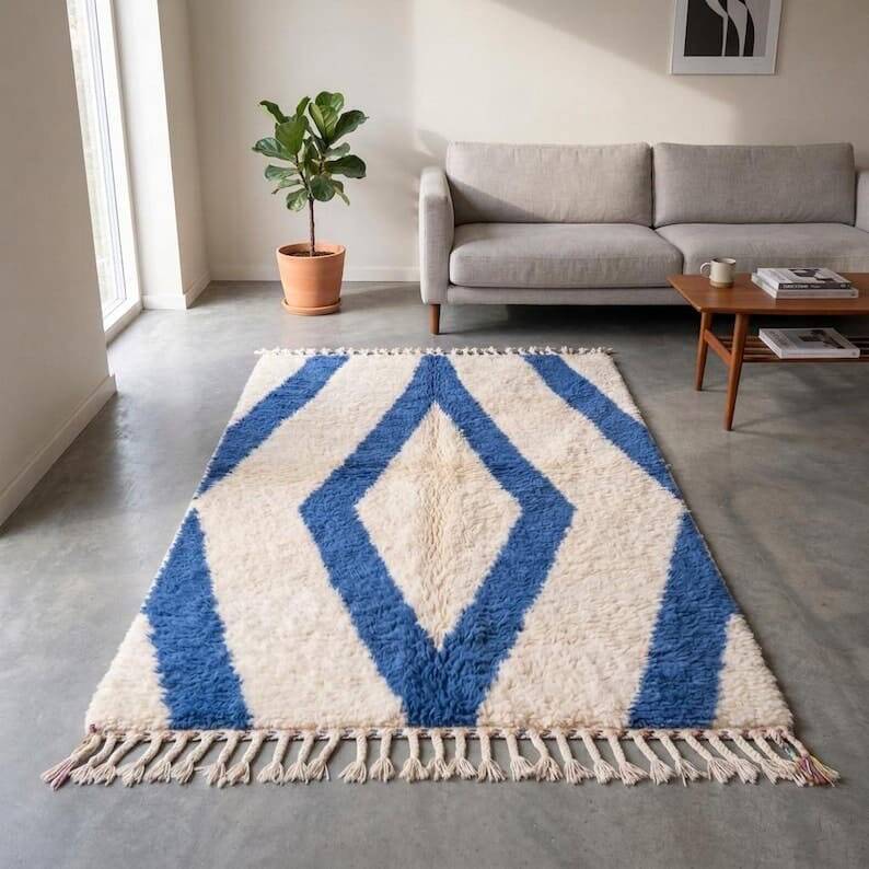 Handmade pure wool traditional blue and white rug 150/250 cm