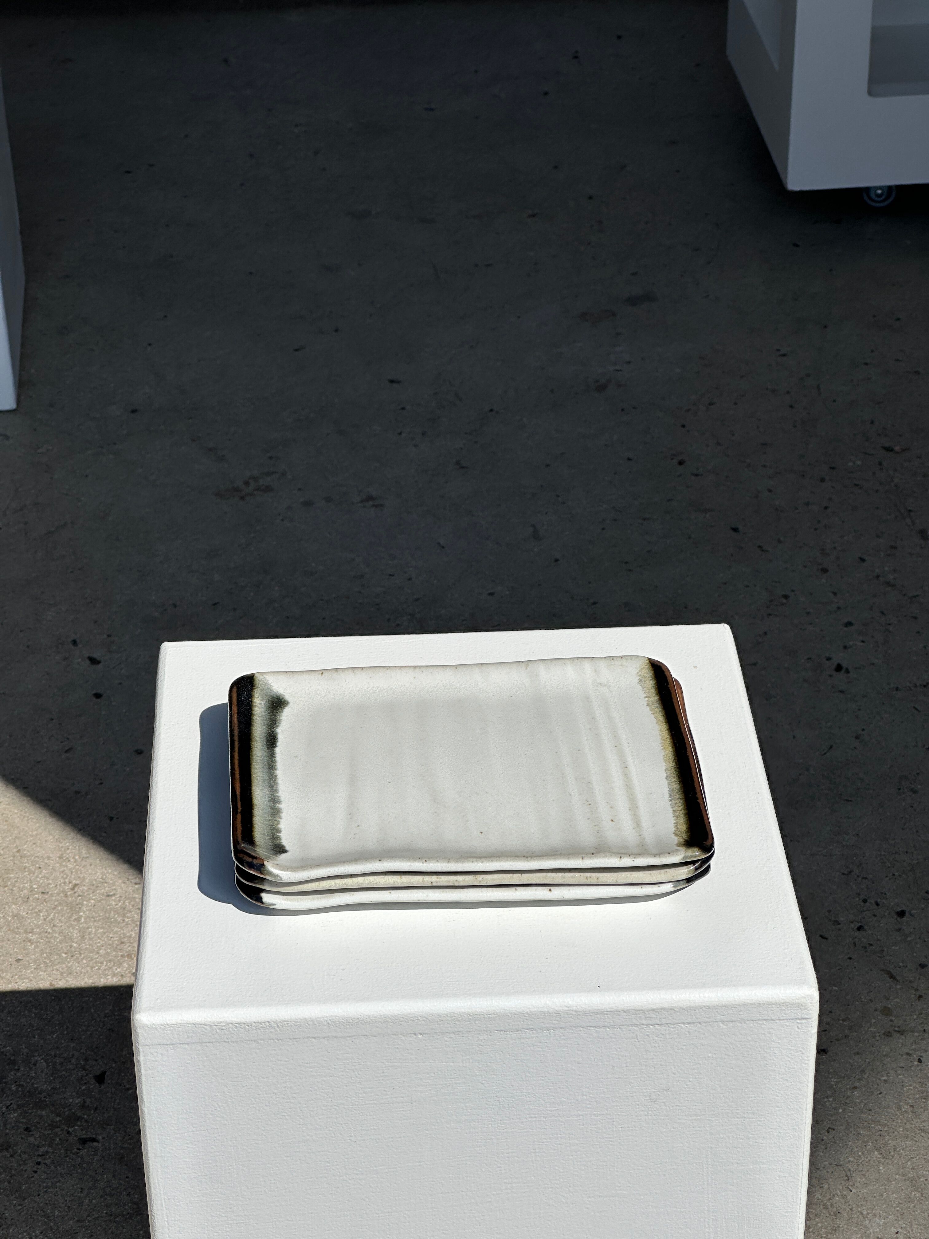 Trio of small rectangular serving dishes white and black Indonesian ceramic 21x16