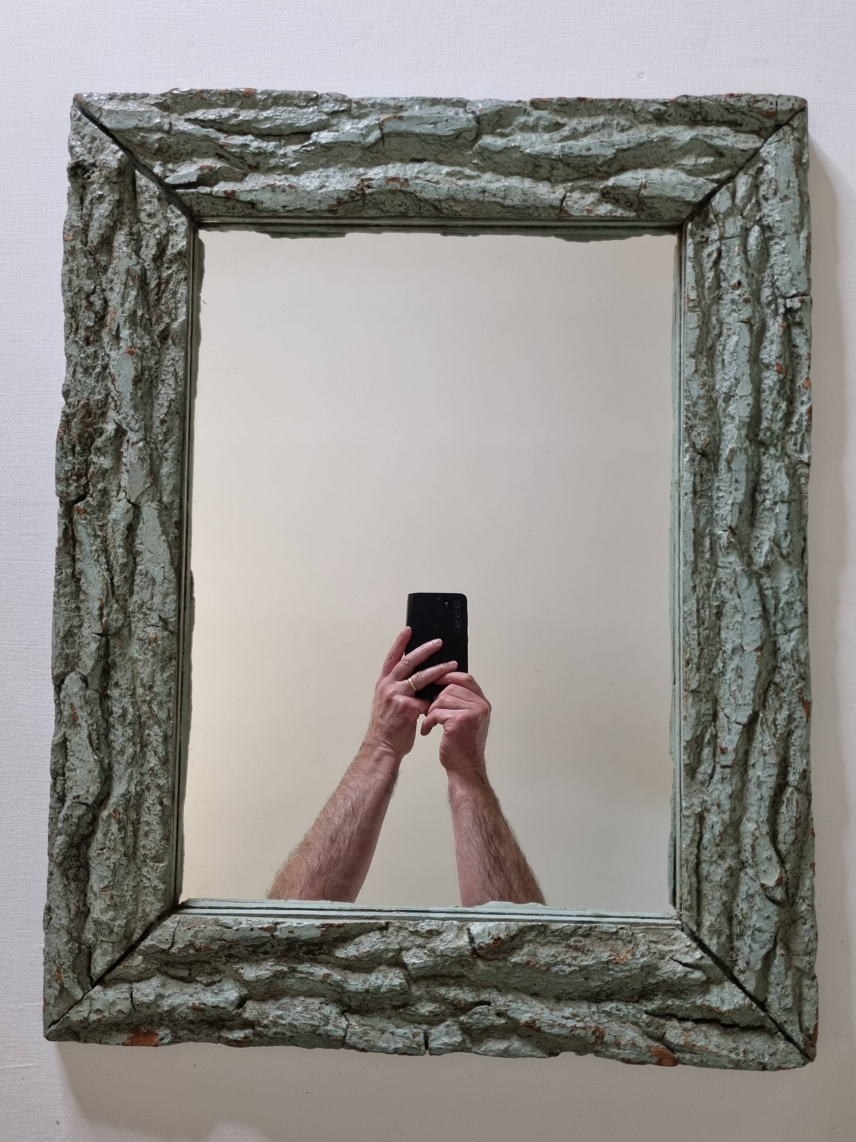 Old mirror, wooden bark frame with rustic patina, 65 cm by 50 cm