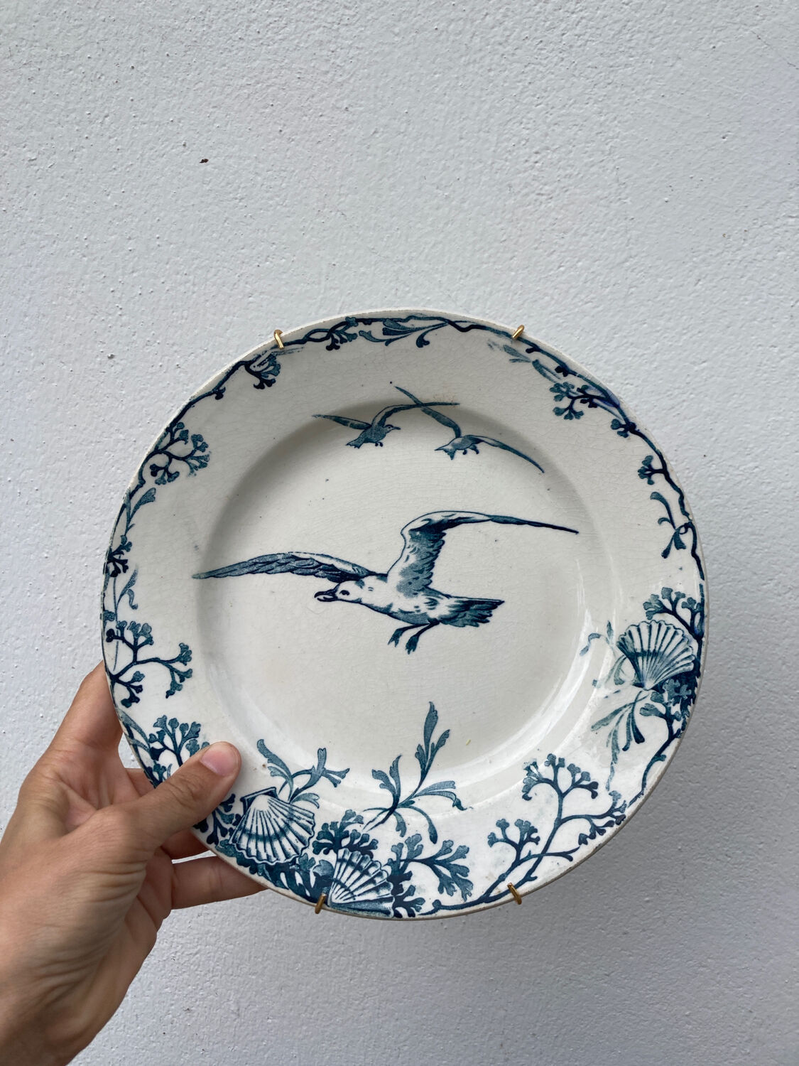 Iron earth plate Gien patterns seagulls and shell old mural