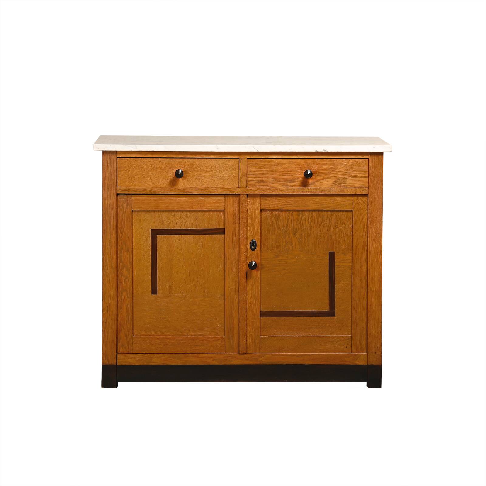 Art Deco Amsterdam School Cabinet Sideboard Oak and Marble, 1930s Netherlan