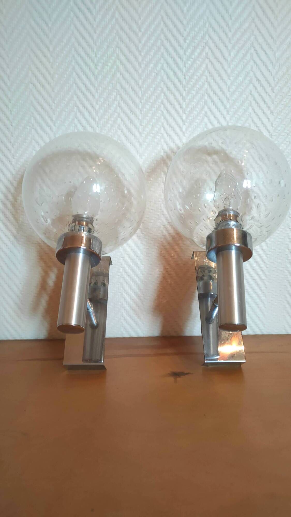 Pair of bubbled glass and inox wall lamps Doria Leuchten design 70s