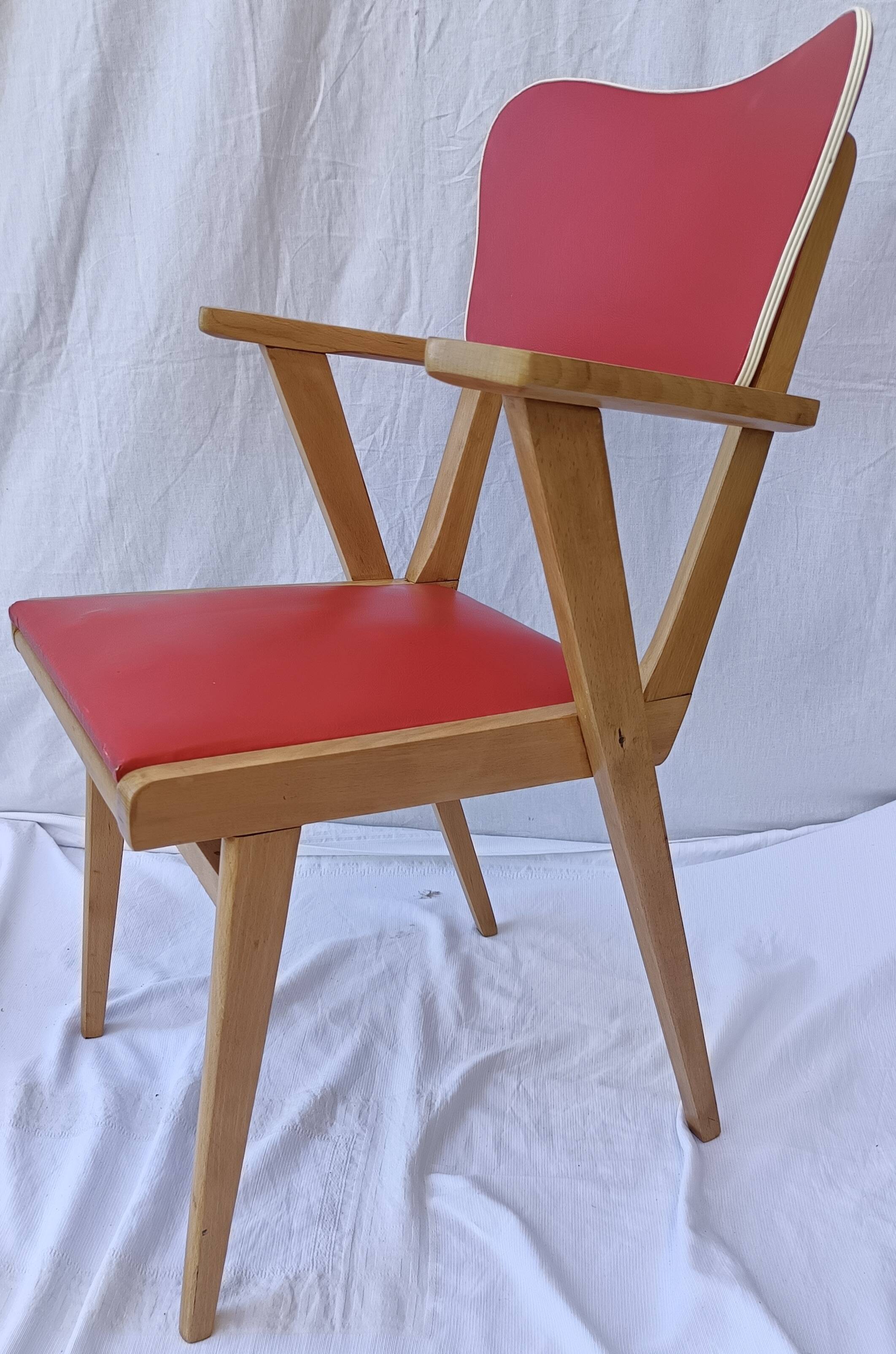 1960s wooden chair with armrests and faux leather seat