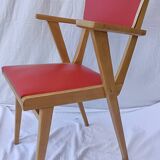 1960s wooden chair with armrests and faux leather seat