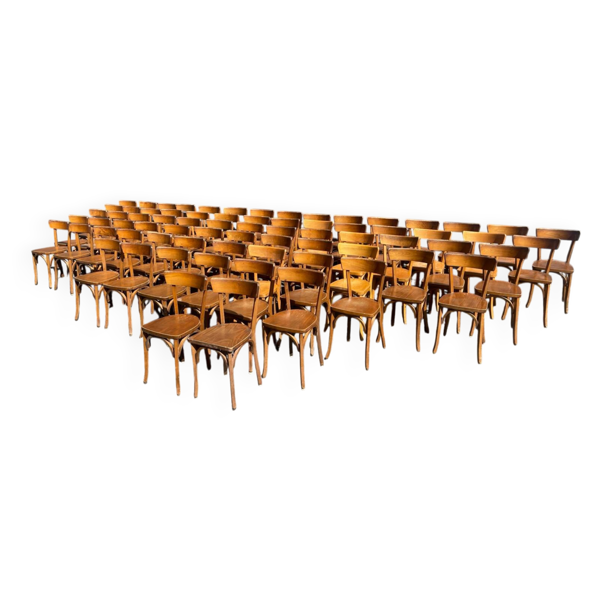 Lot of 60 wooden bistro chairs from the Baumann 1970s