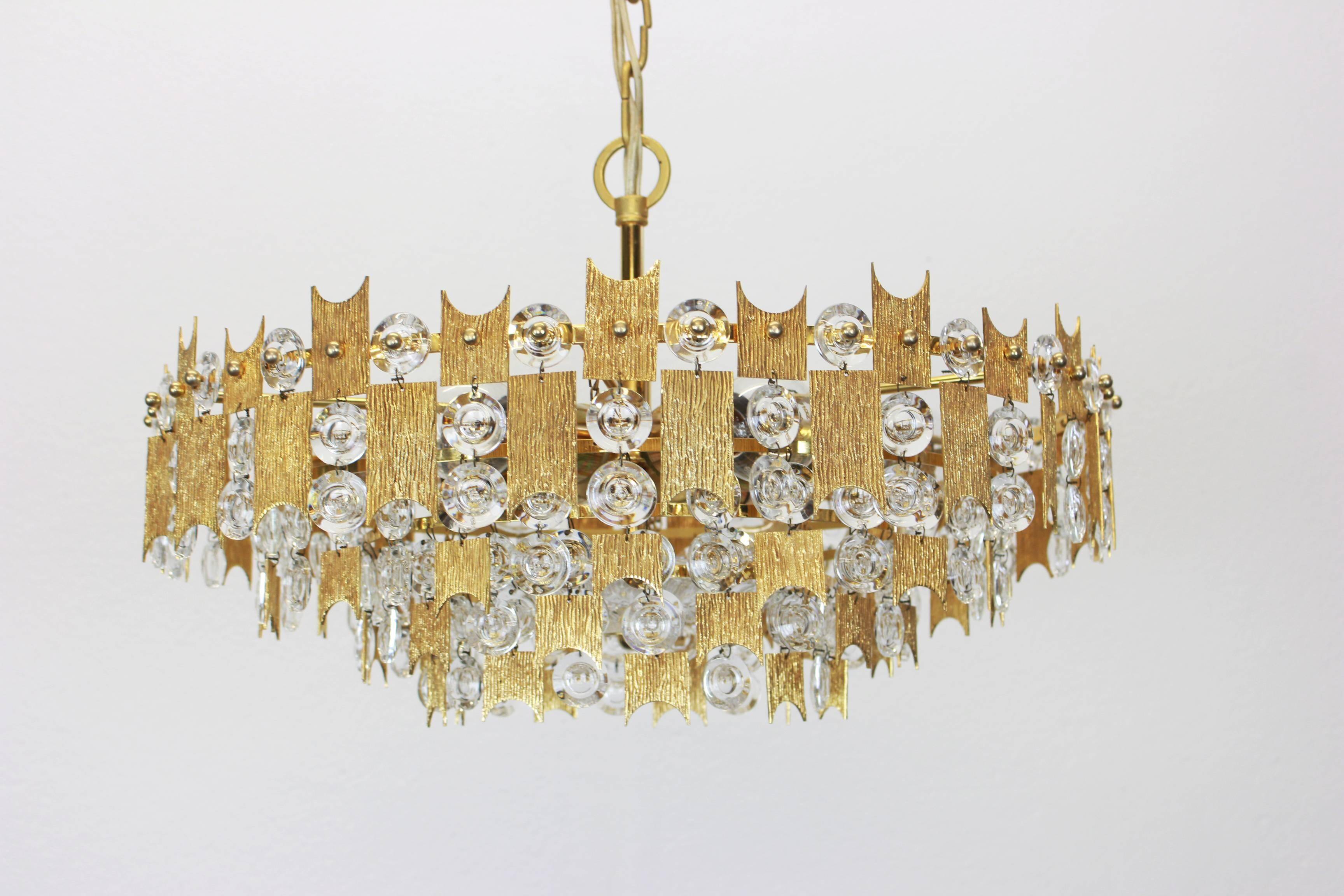 Chandelier in gilded brass and crystal glass by Palwa, Germany, 1960s.