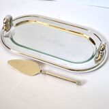 Vintage silver-plated foie gras platter with goose head decoration and serving spatula.