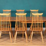 Retro Blonde Elm Model 444 Grand Plank Dining Table & 8 Goldsmith Dining Chairs