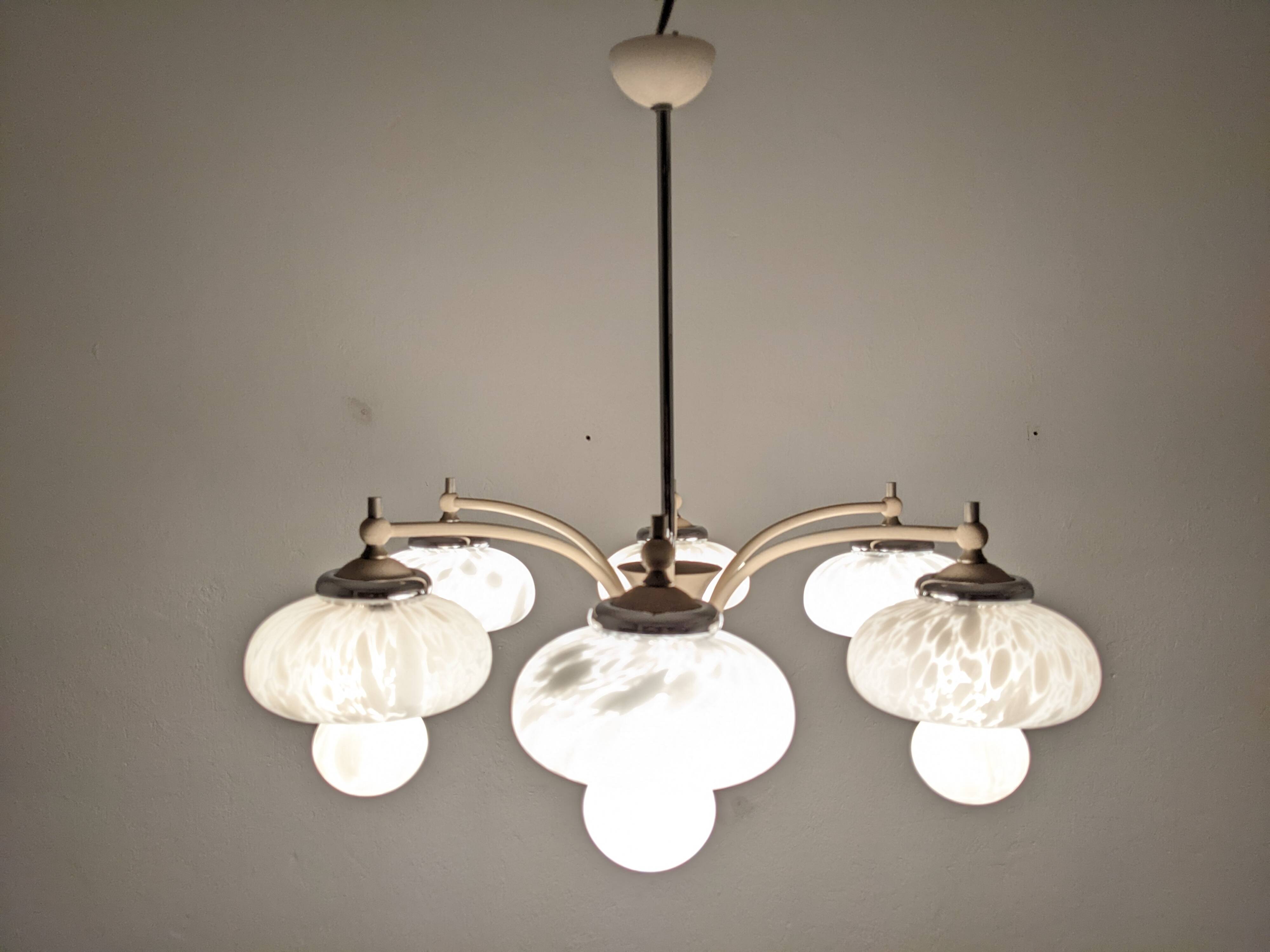 Space Age chandelier with 6 lights in sandblasted glass from the 50s/60s
