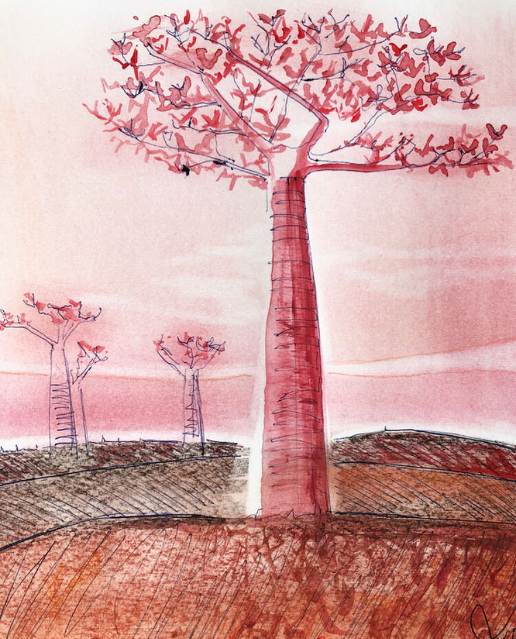 Dessin arbre rouge par Lilou, tableau unique
