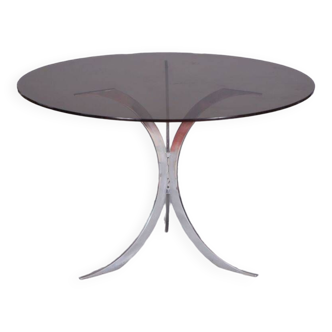 Table  pieds métal chromés et plateau en verre fumé, Circa 1970