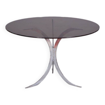 Table  pieds métal chromés et plateau en verre fumé, Circa 1970