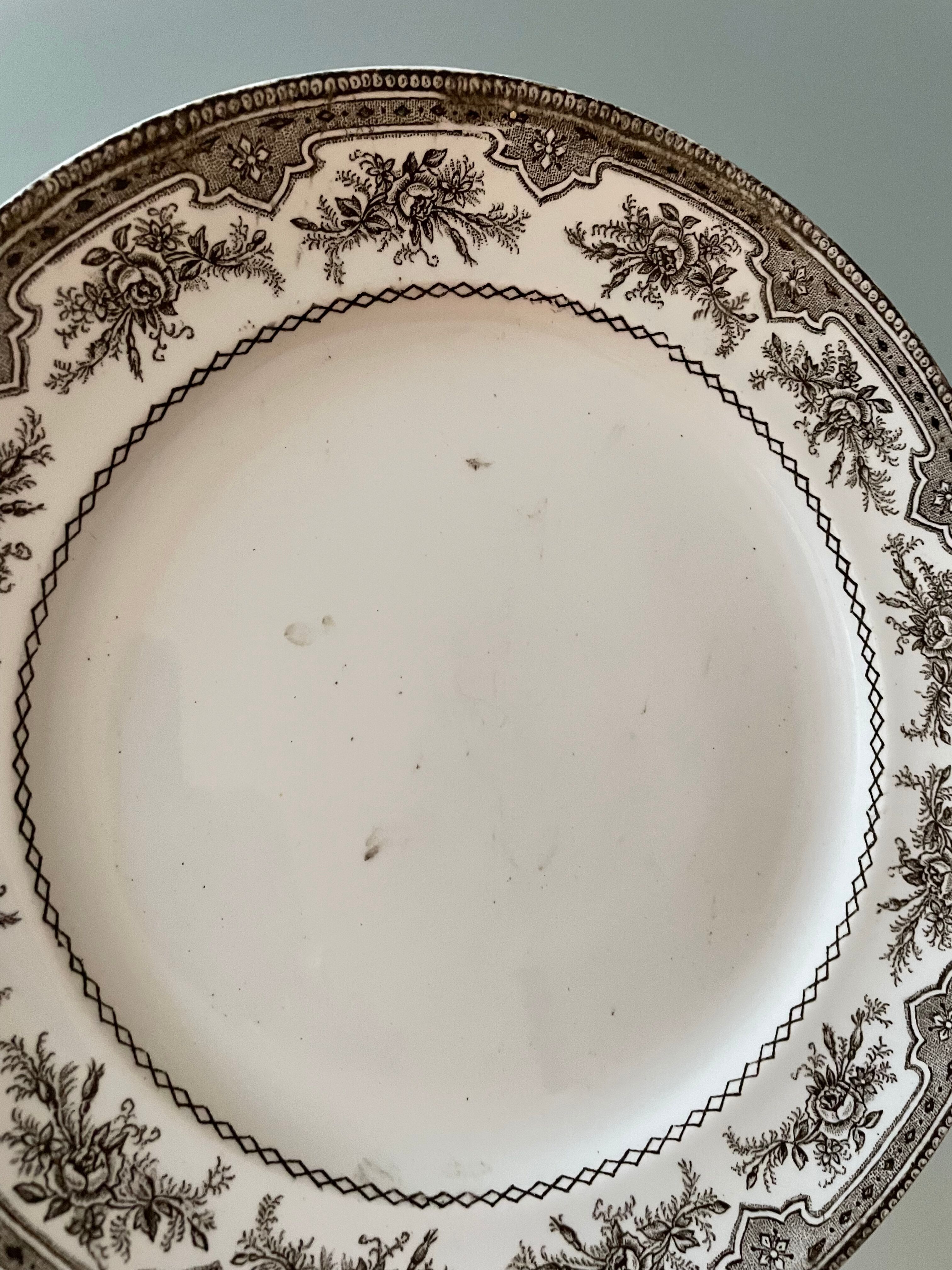 Set of 10 flat plates Terre de Fer Faïence d'Onnaing, model Roses-Mousses