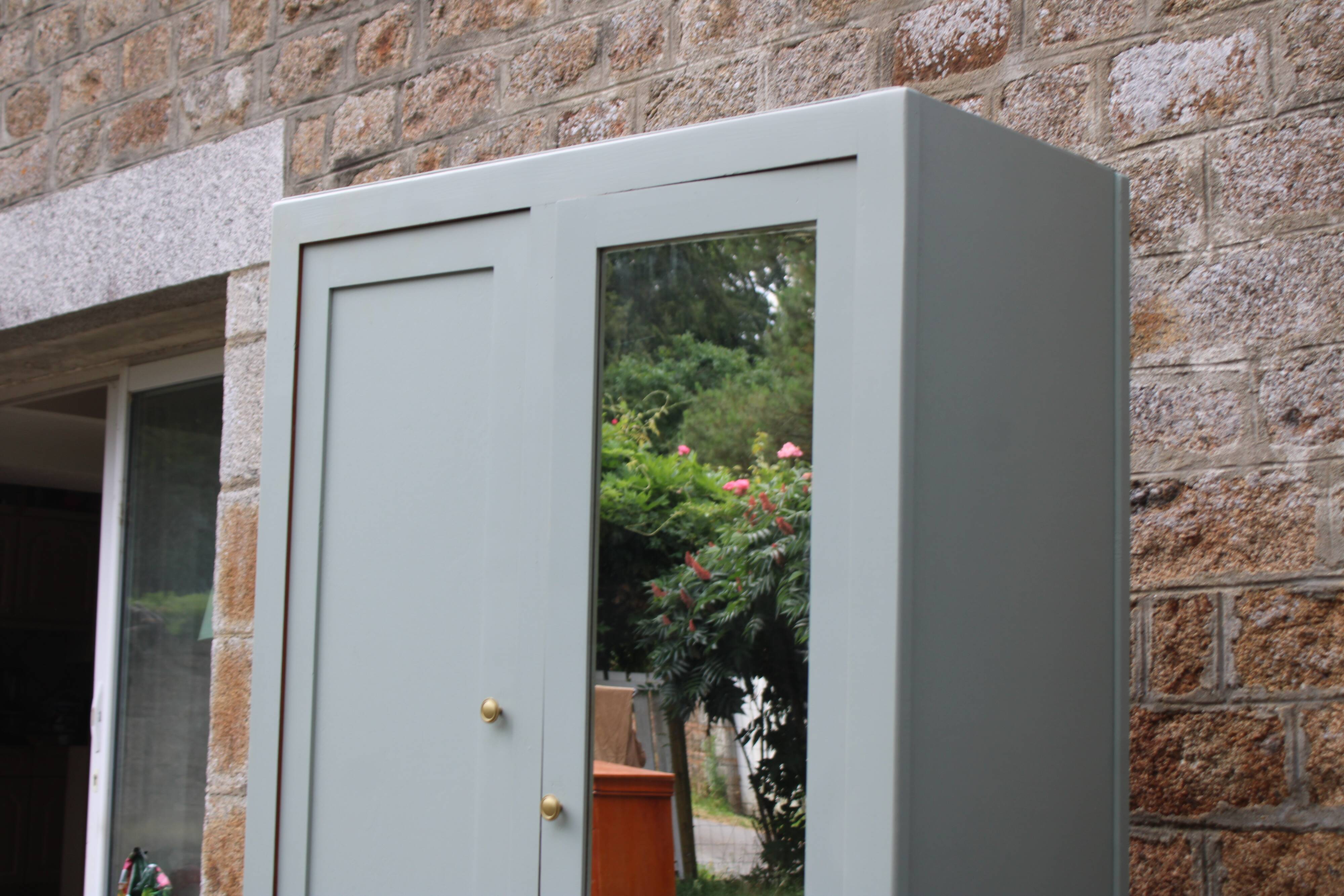 Vintage Parisian wardrobe in sage green – Mirror, hanging space and drawers