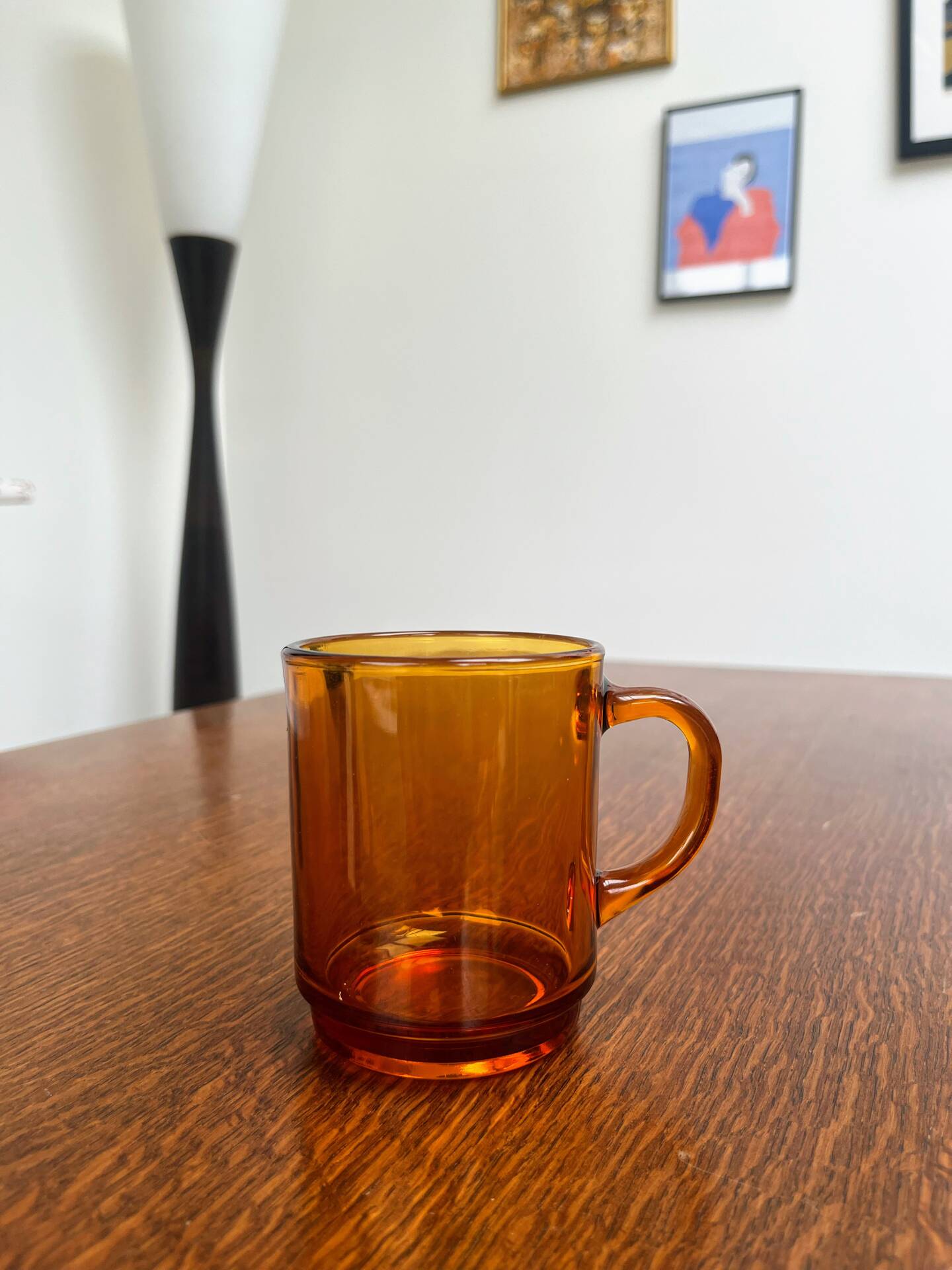 8 vintage Duralex amber glass mugs