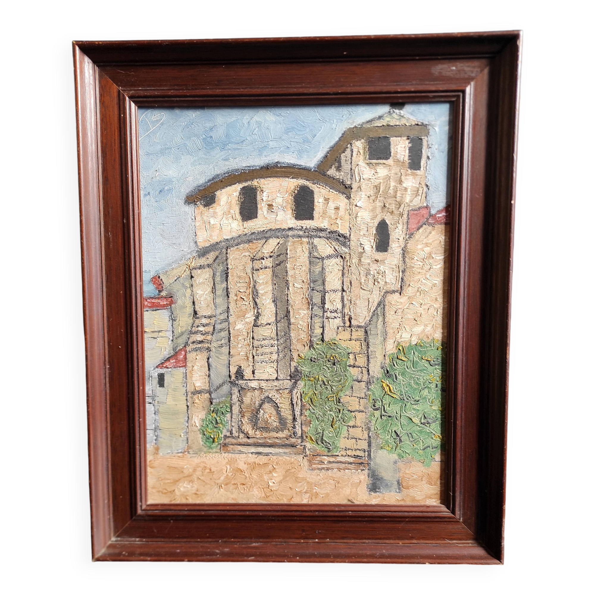 Vintage French oil painting, signed B, Roquefort de Landes church