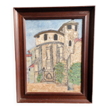 Peinture à l'huile ancienne française, signée B, église de Roquefort de Landes