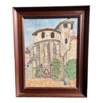 Vintage French oil painting, signed B, Roquefort de Landes church