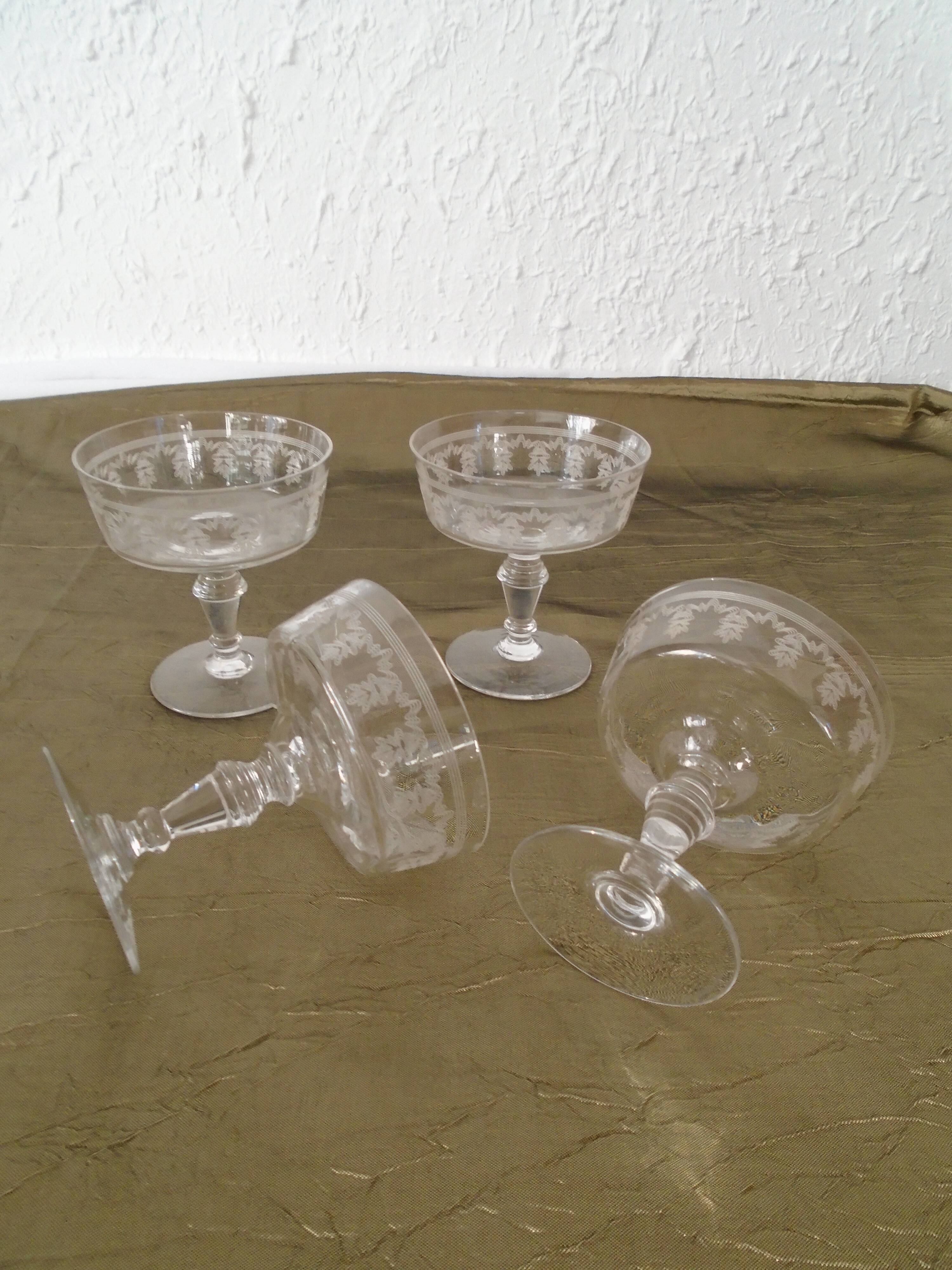 4 champagne glasses engraved crystal glass antique glass