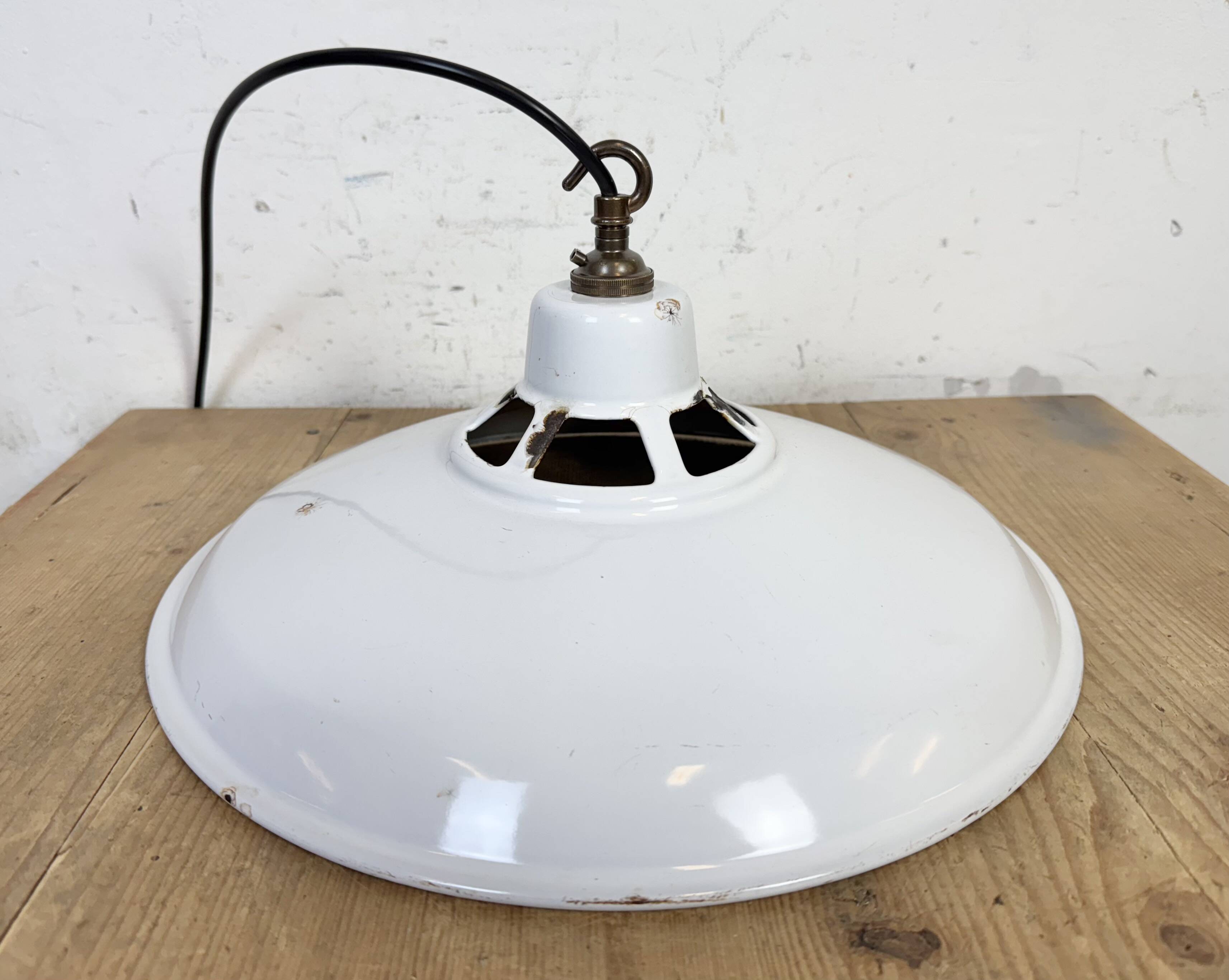 Industrial White Enamel Factory Pendant Lamp, 1960s