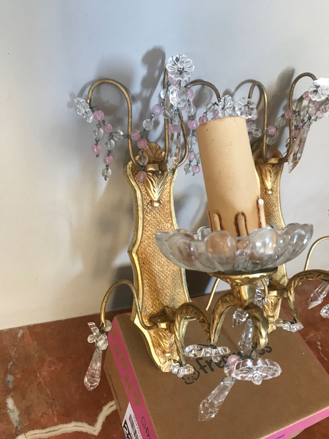 Pair of glass wall sconces with crystal drops