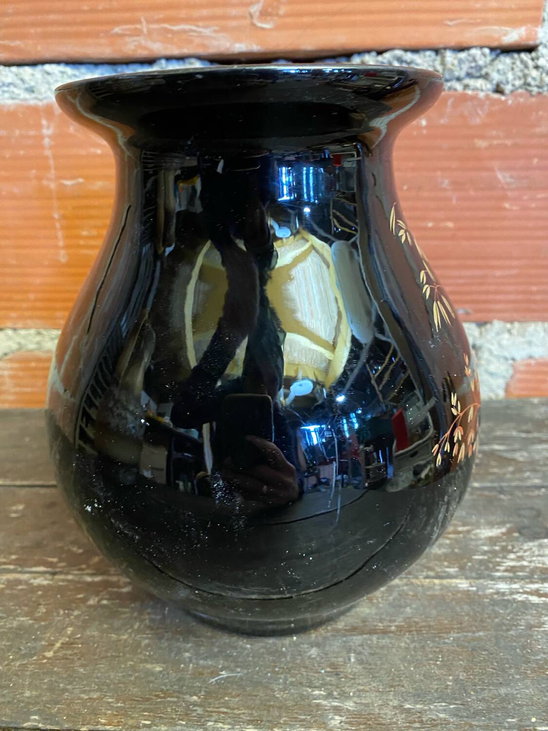 Antique st clement vase black ceramic painted decor vintage