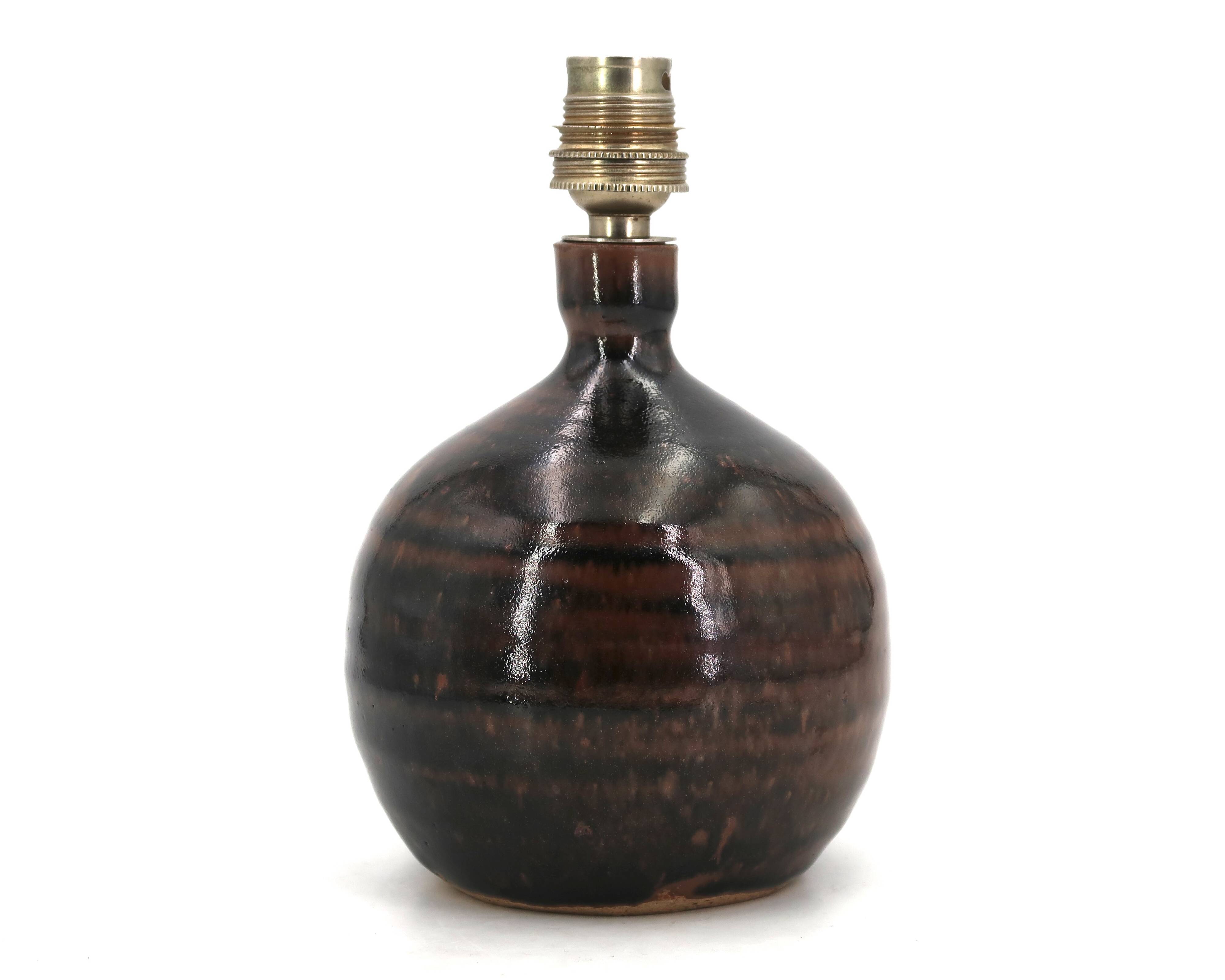 Dark brown spherical lamp in stoneware by Guy Baudat, 1970s.