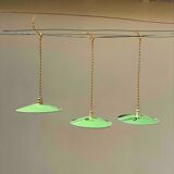 Lot of 3 vintage pendant lampshades in green and white enamelled sheet metal, industrial farm