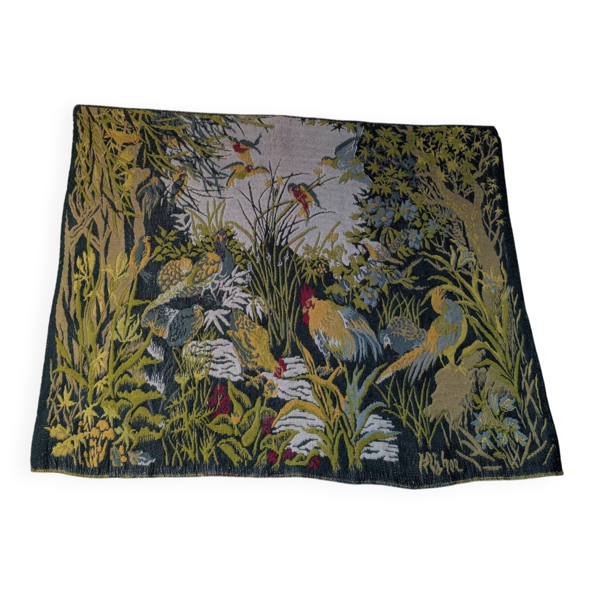 Large Aubusson tapestry "Verdure with birds" signed