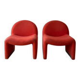 Pair of vintage armchairs from the 70s in red fabric.