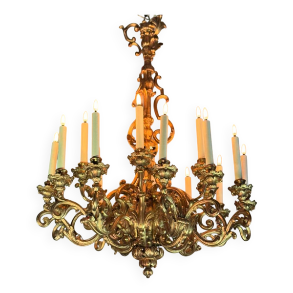 Lustre En Bois Sculpté Et Doré, 18 Bras De Lumière, Italie Vers 1880