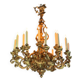 Lustre En Bois Sculpté Et Doré, 18 Bras De Lumière, Italie Vers 1880