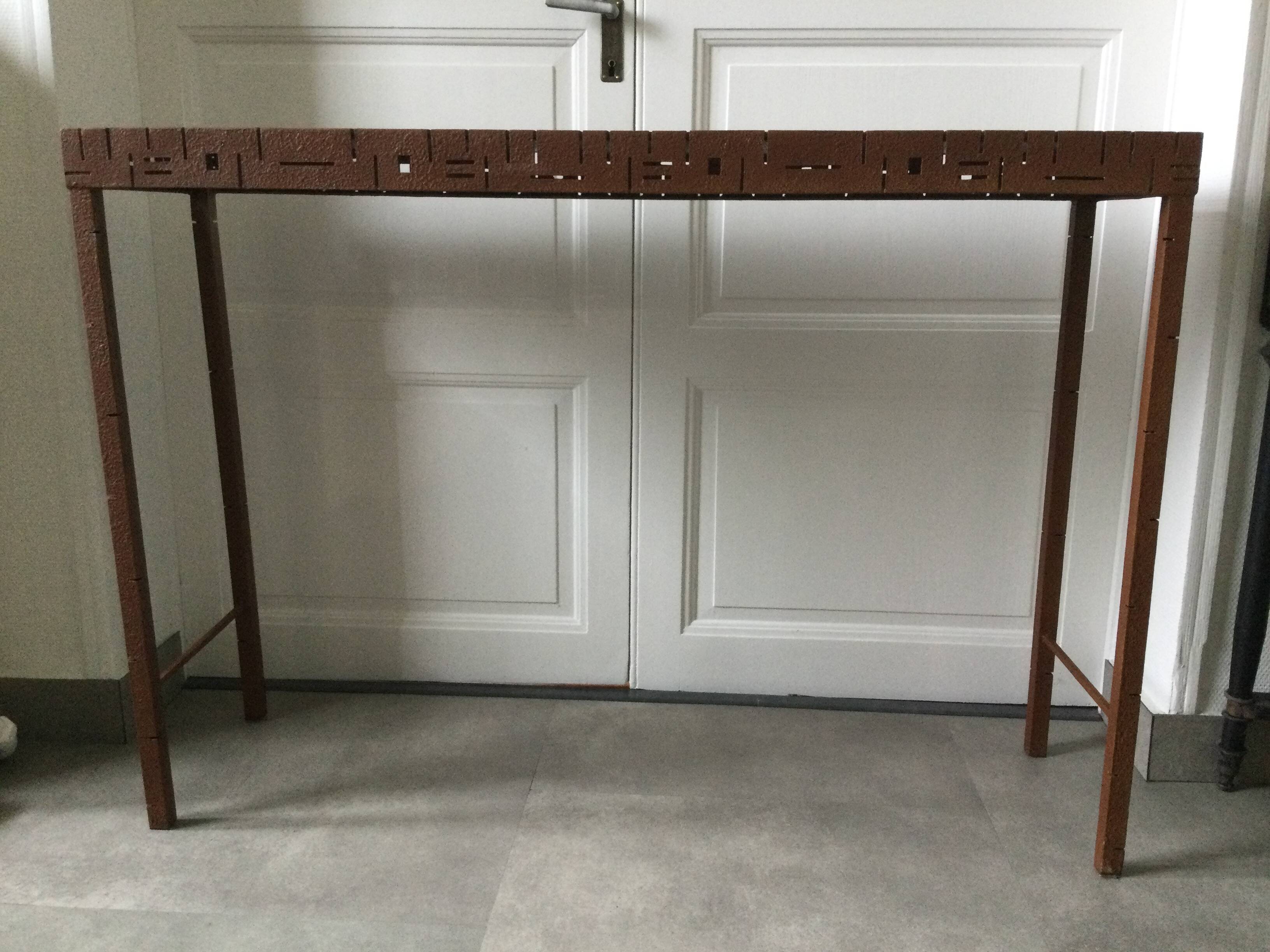 Perforated sheet metal and wood console