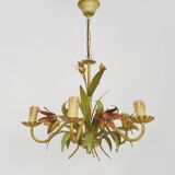 Vintage chandelier in painted metal decorated with flowers and foliage with 5 lights. 80s 90s