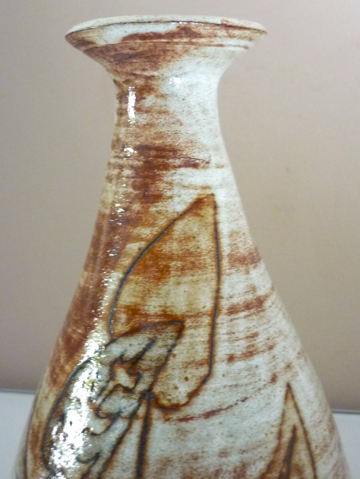 Glazed ceramic drop vase, signed Michel Argans, leaf decoration