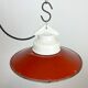 Industrial porcelain red enamel pendant light with ribbed clear glass, 1970s