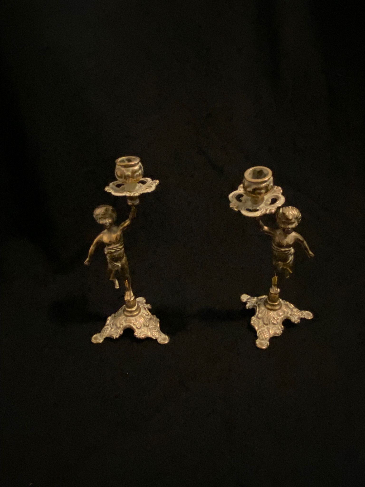 Pair of candlestick buds cherub angel brass