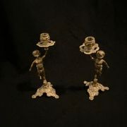 Pair of candlestick buds cherub angel brass