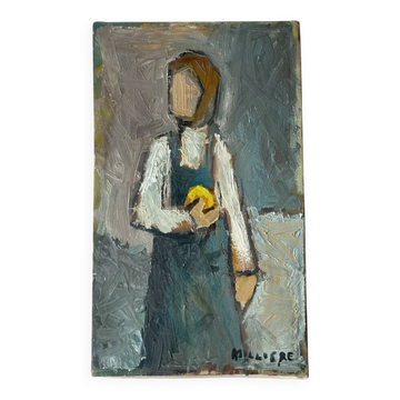 Huile sur toile « Jeune fille au fruit » XXeme, signé