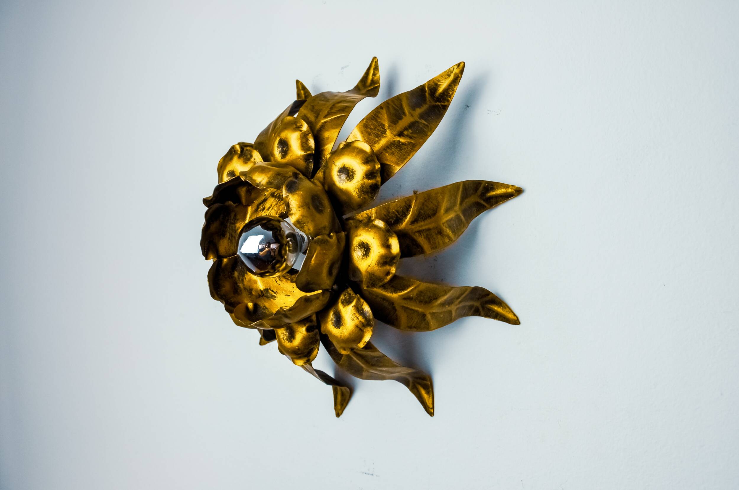 Sun wall lamp by ferro arte, metal and gold leaf, Spain, 1960