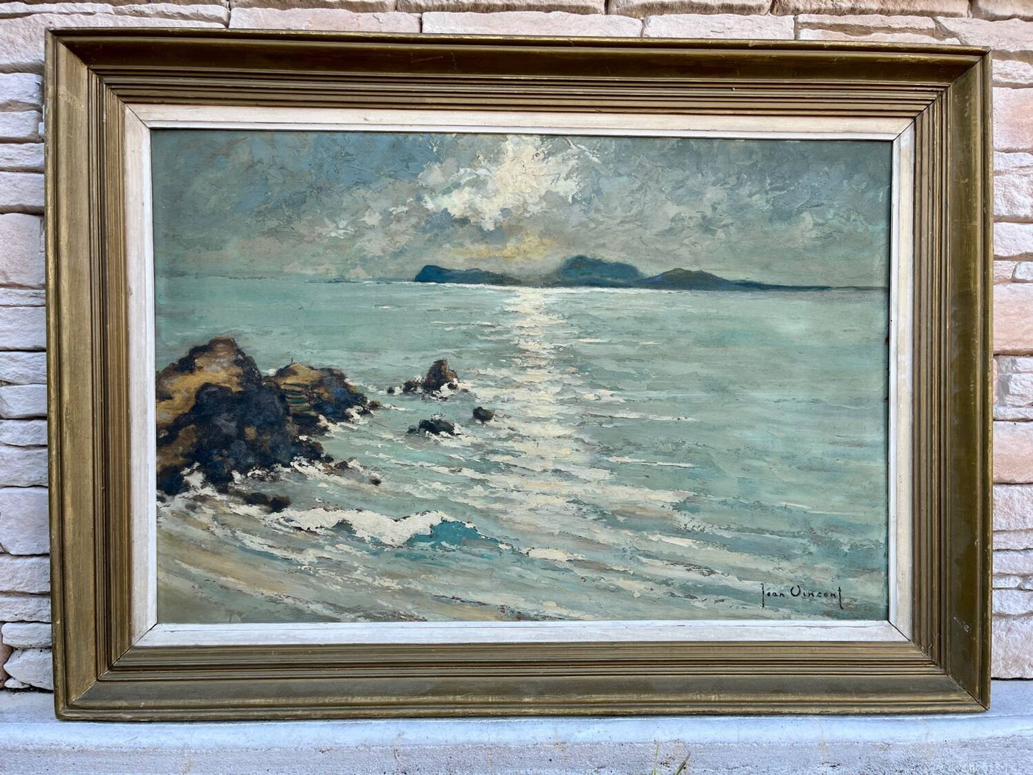 Large painting of the Mediterranean seaside in Toulon, signed Jean Vincent