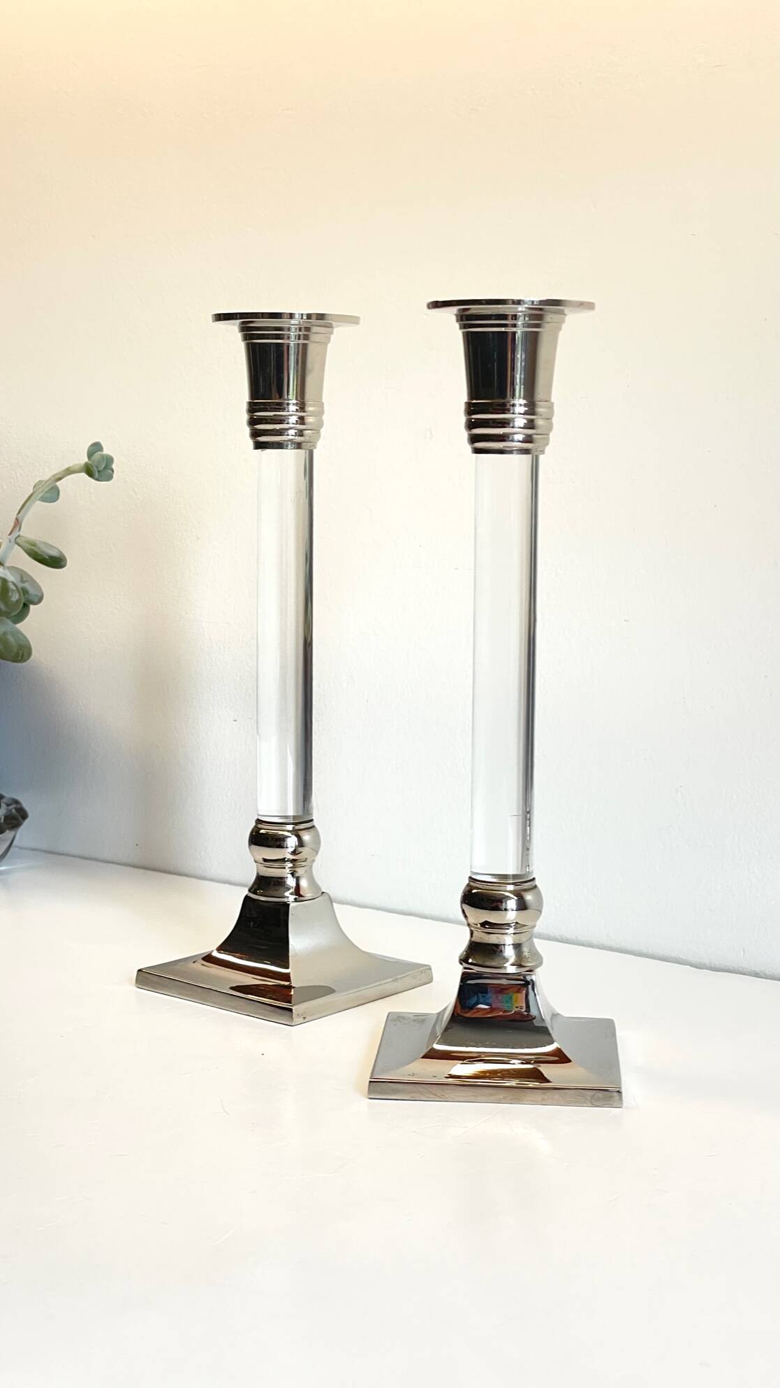 Vintage lucite and silver metal candle holders