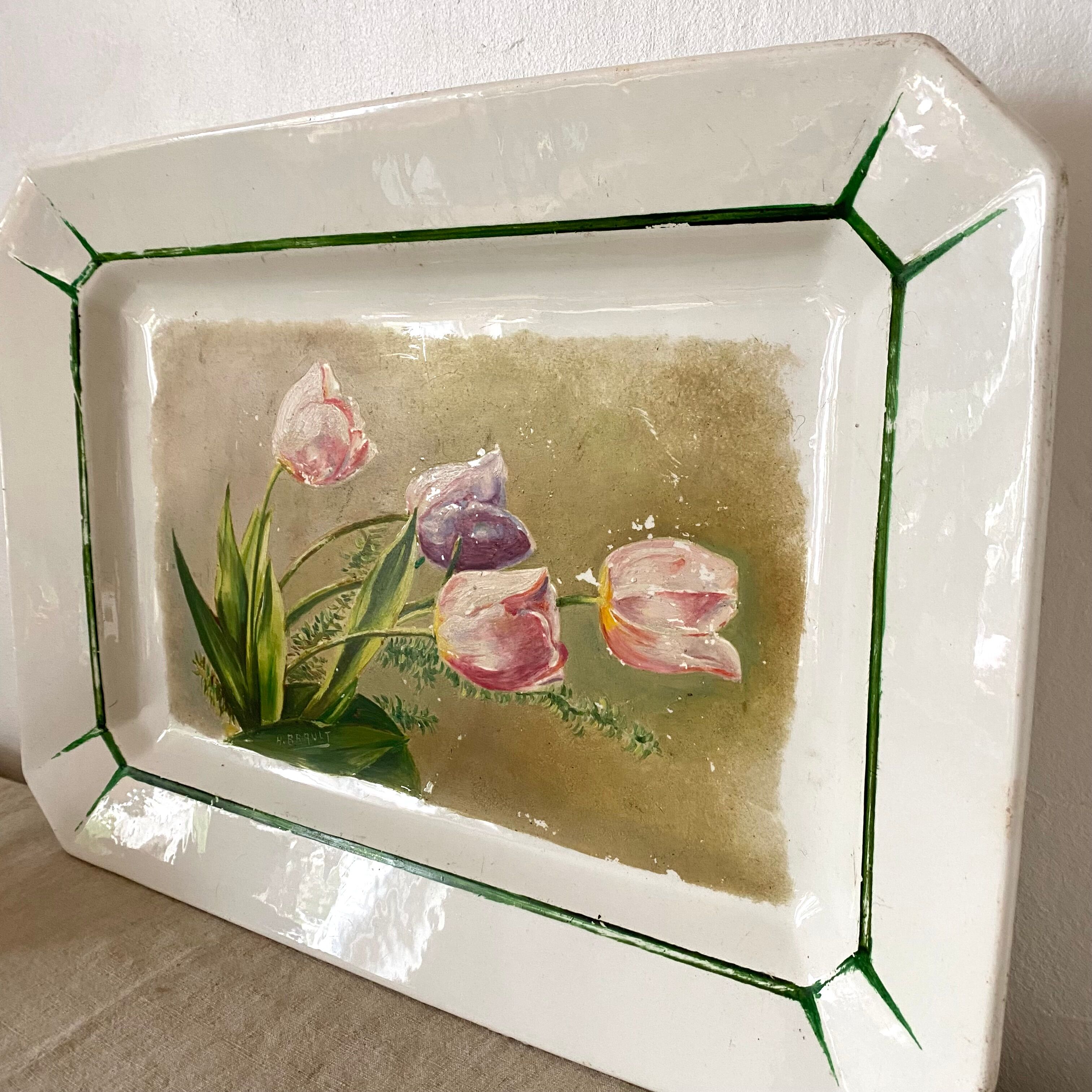 Antique decorative dish with painted flowers, signed