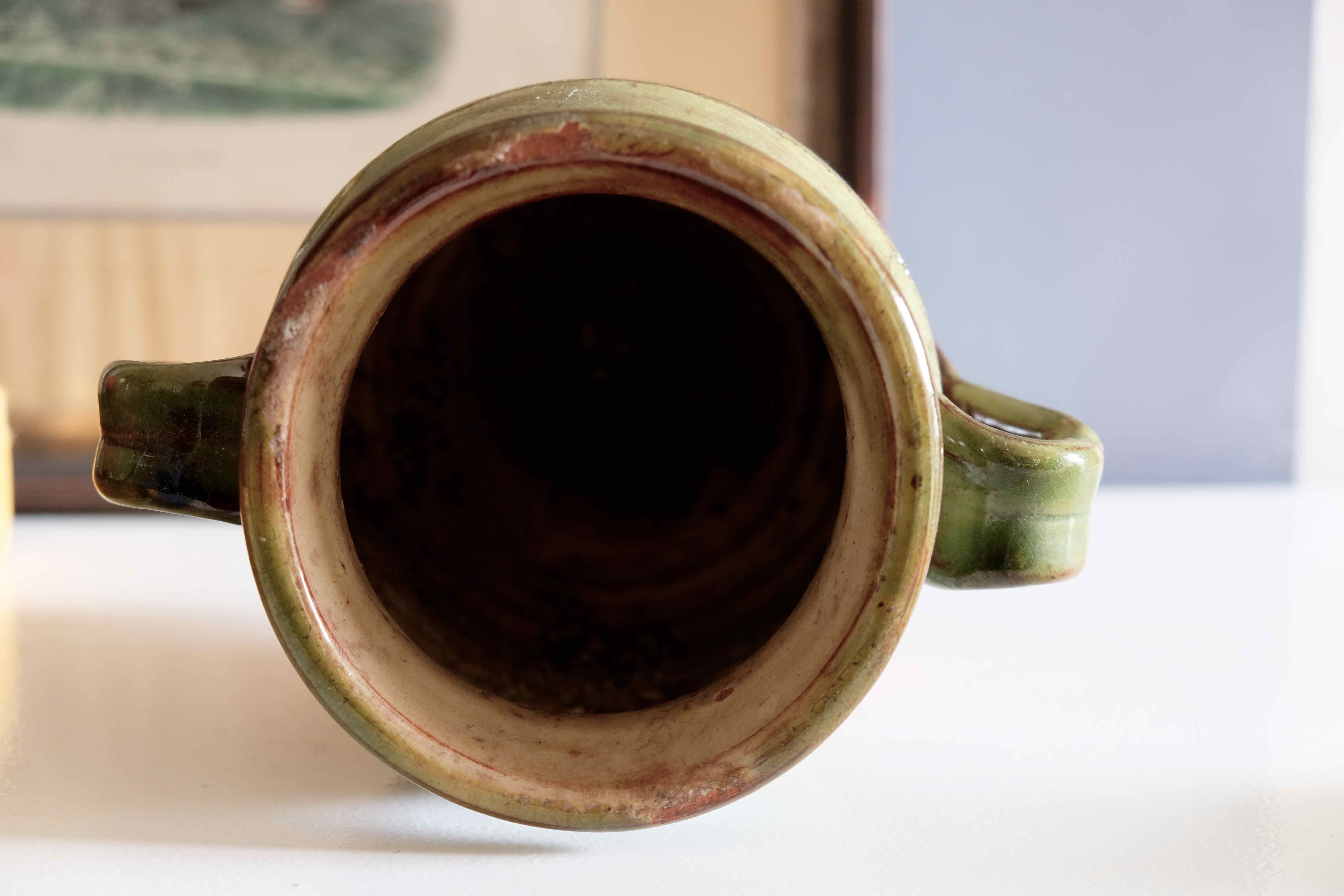 Terra cotta glazed Provencal old enameled antique olive jar
