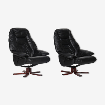 Paire de fauteuils inclinables en cuir noir danois par Hjort Knudsen