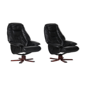 Paire de fauteuils inclinables en cuir noir danois par Hjort Knudsen