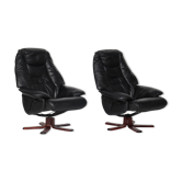 Pair of Danish black leather recliner swivel chairs by Hjort Knudsen