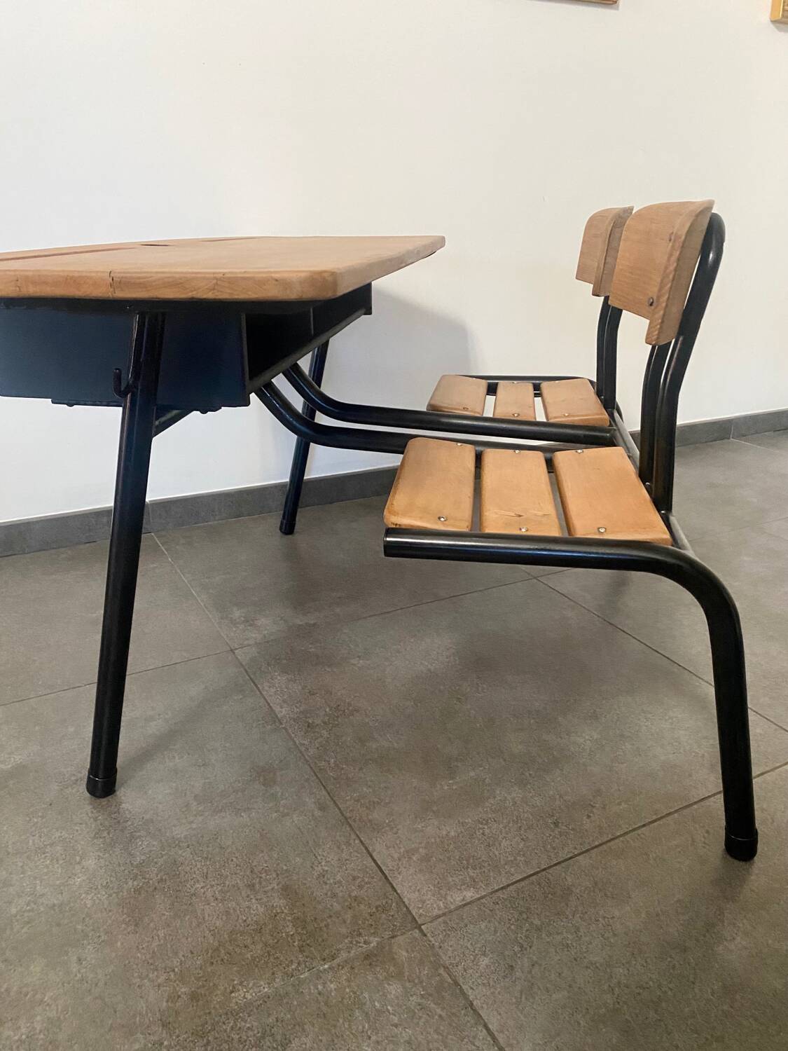 Vintage double school desk, refurbished in black and wood
