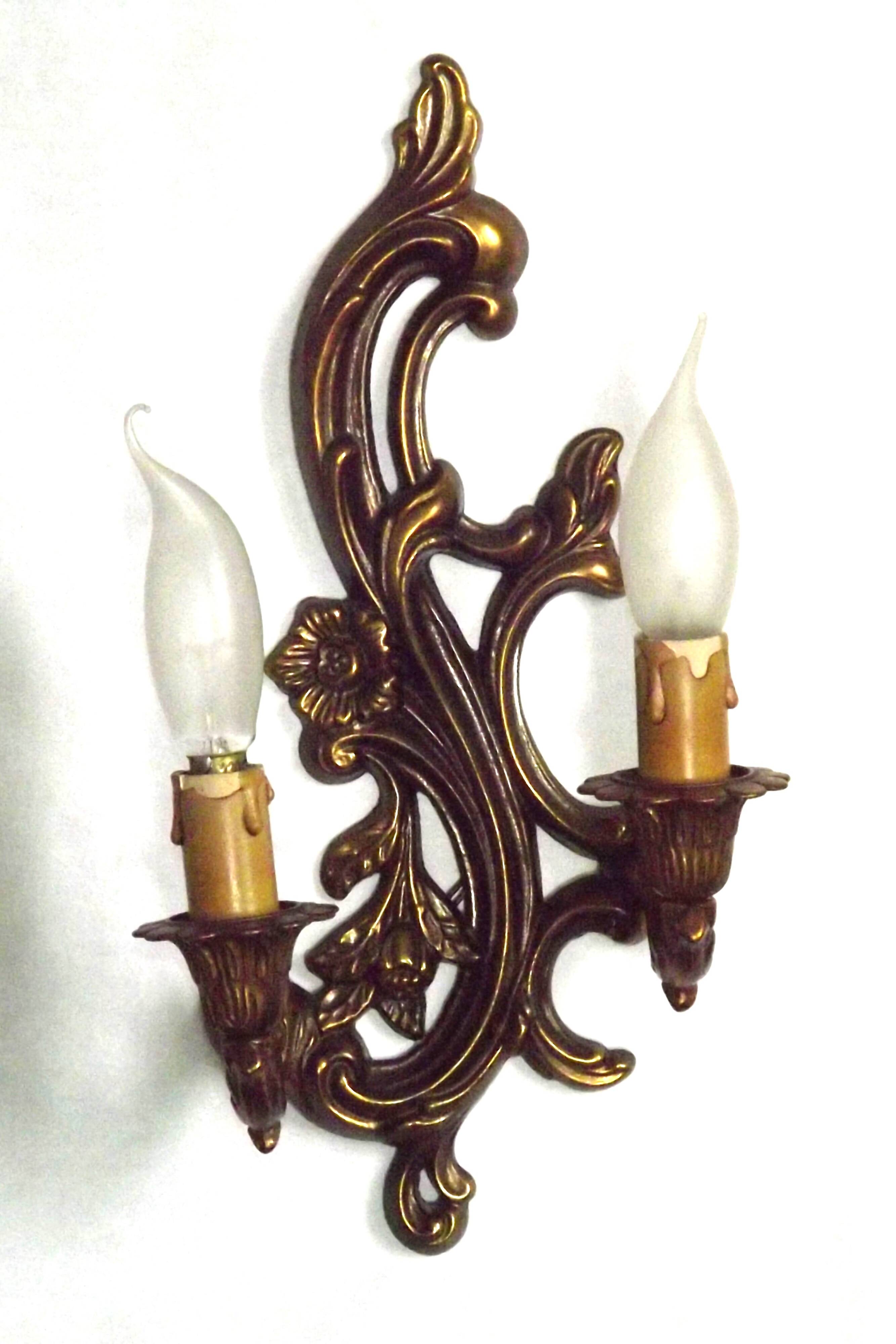 Pair Vintage French Bronze Double Wall Lights Acanthus Leaf & Flower Detail