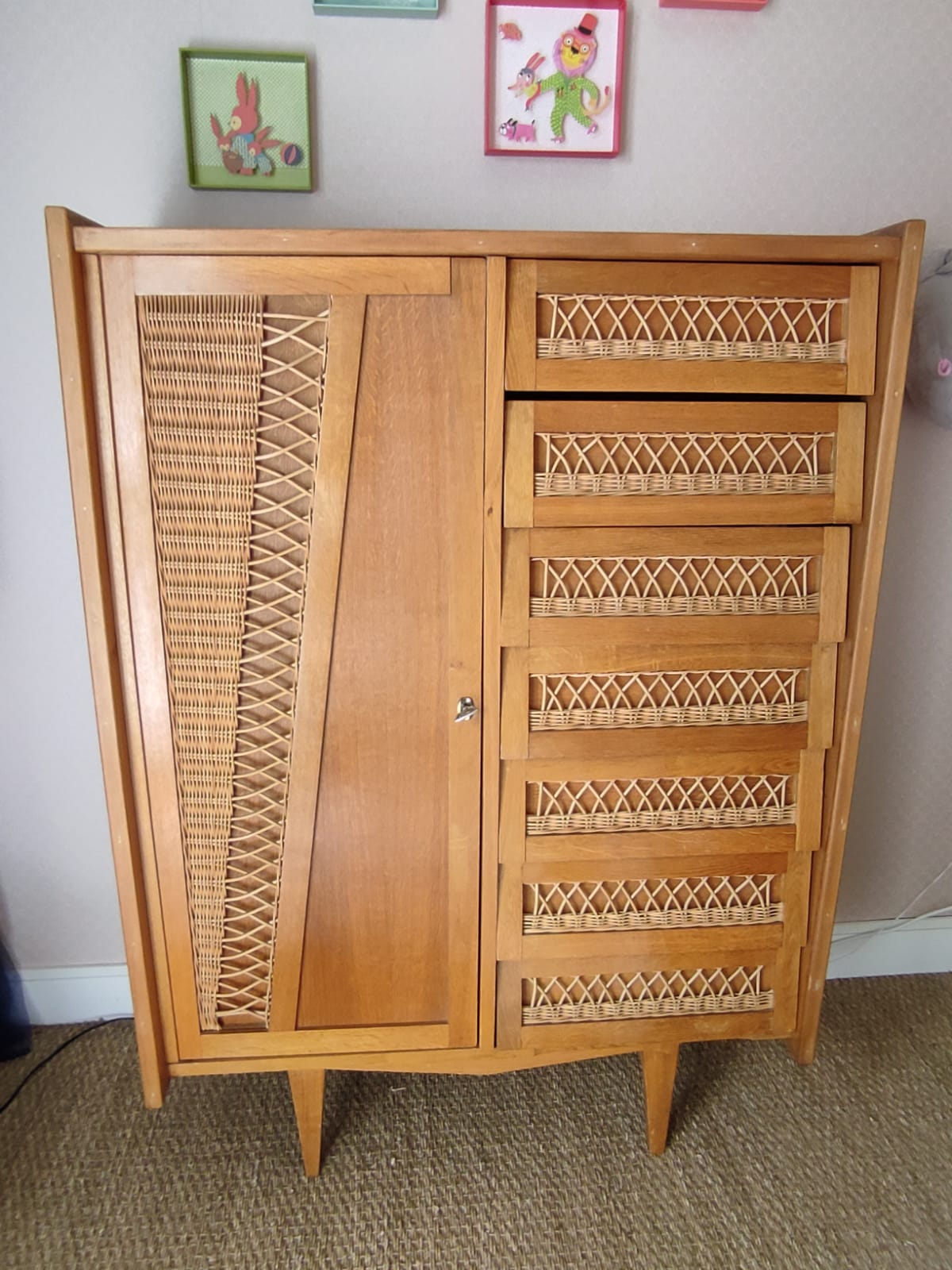 Vintage wood and rattan cabinet